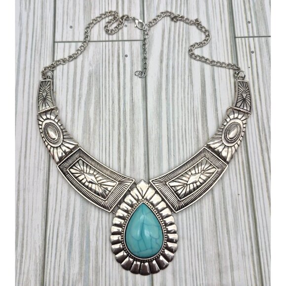 NWOT Silver Tone & Faux Turquoise Teardrop Bib Collar Necklace Southwestern 22" - Picture 10 of 10